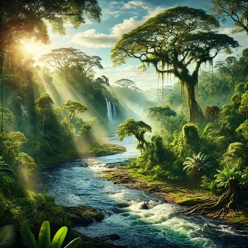 A highly realistic photograph of the Amazon Rainforest, South America, capturing its lush vegetation and the beauty of the Amazon River winding throug