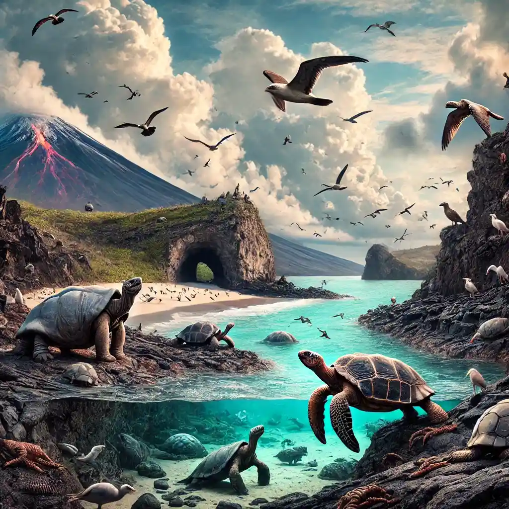 A highly realistic photograph of the Galapagos Islands, Ecuador, capturing its diverse wildlife and volcanic landscape. The scene should include eleme