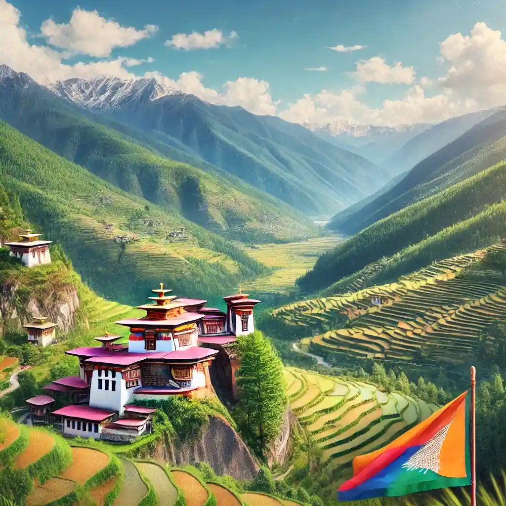 A hyper-realistic postcard-style image of Bhutan, showcasing its pristine natural beauty and cultural heritage. The scene features majestic Himalayan