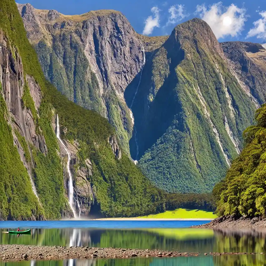 A hyper-realistic postcard-style image of New Zealand, showcasing its stunning landscapes. The scene features the dramatic fjords of Milford Sound