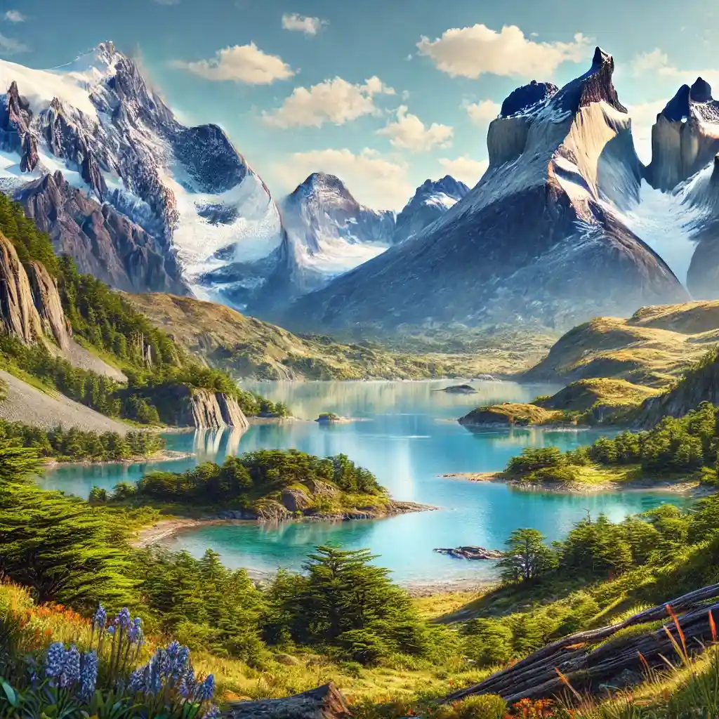 A hyper-realistic postcard-style image of Patagonia, showcasing its vast wilderness and breathtaking landscapes. The scene features the iconic Andes m
