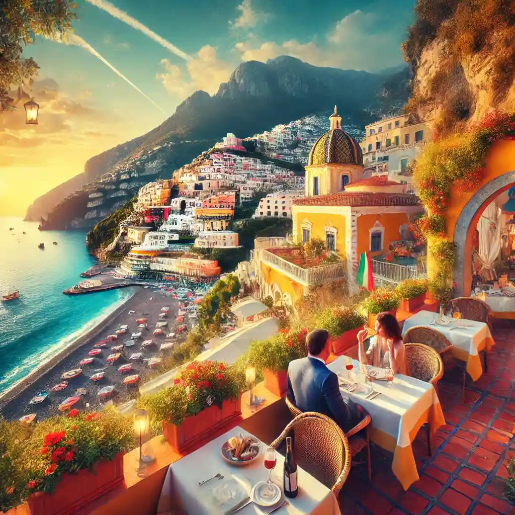 Amalfi Coast, Italy, showcasing a romantic atmosphere for couples. Features include a couple dining at