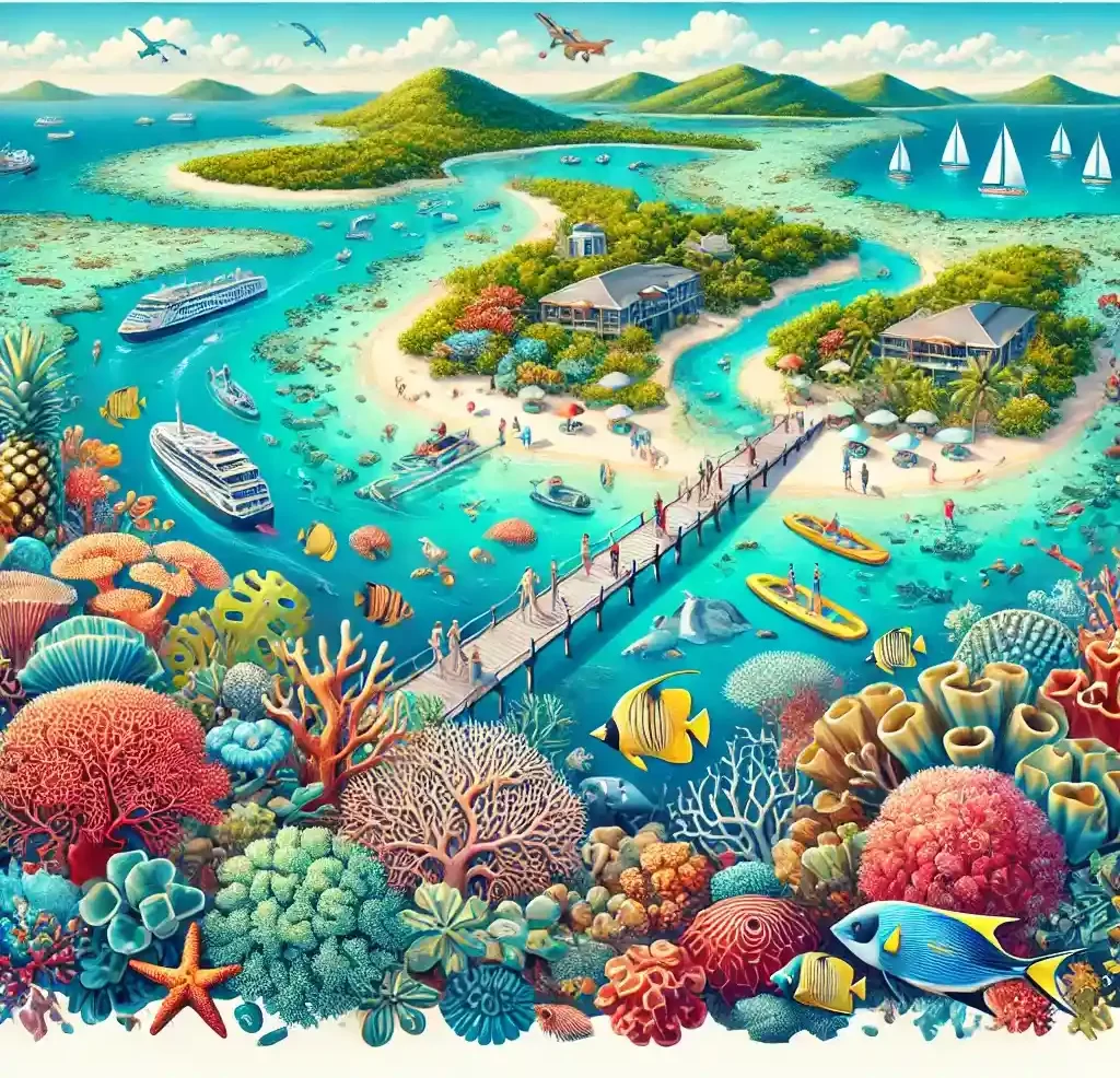 An illustration of the Great Barrier Reef, Australia, showcasing its vibrant coral reef system and diverse marine life. Include elements like colorful