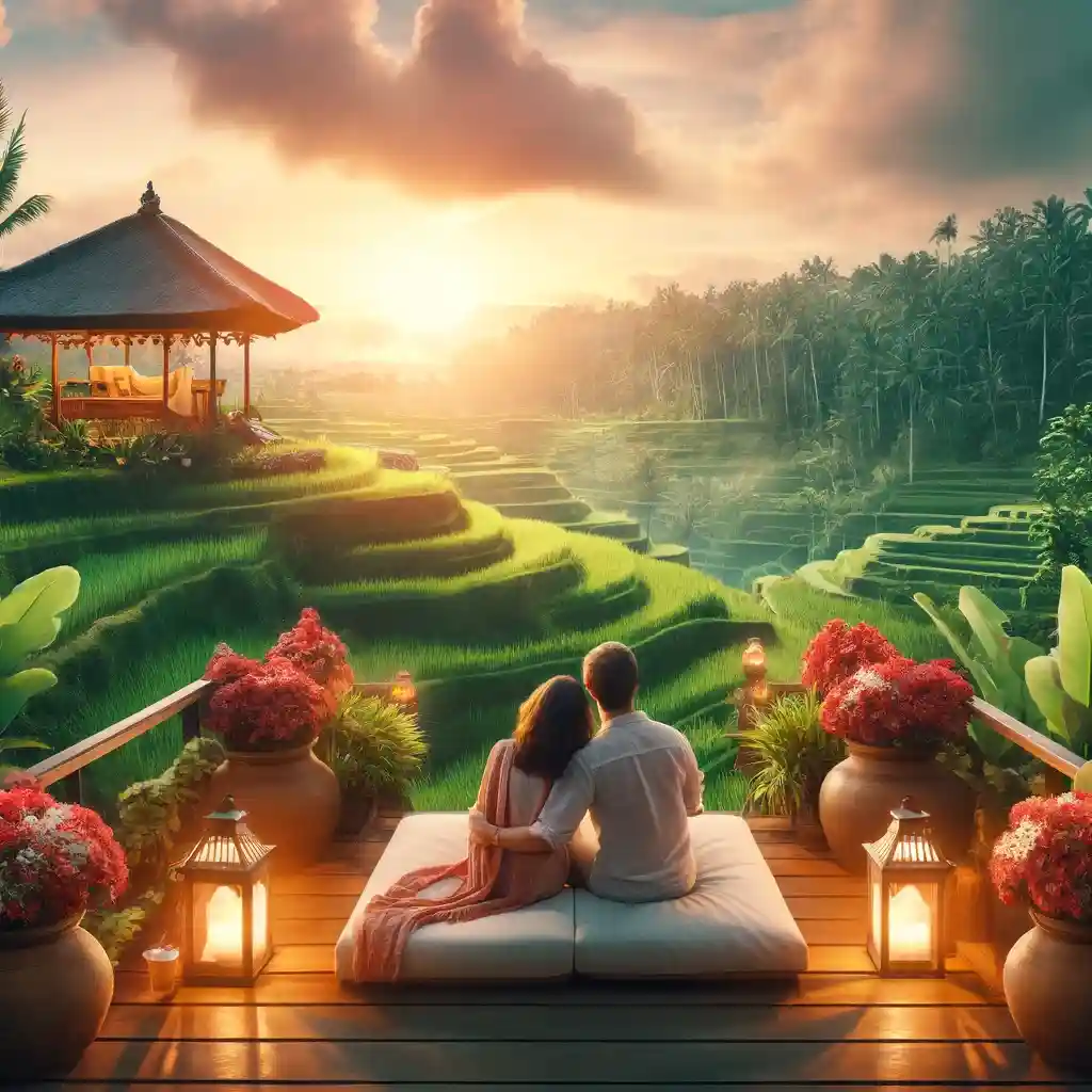 Bali, Indonesia, designed for a romantic couple's getaway. Features include a couple sitting on a wooden de