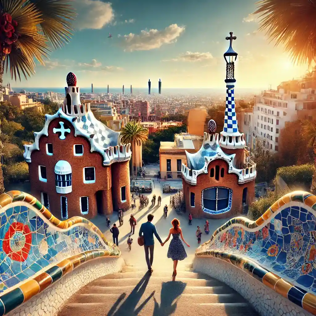 Barcelona, Spain, designed for a romantic couple's getaway. Features include a couple walking hand-in-hand