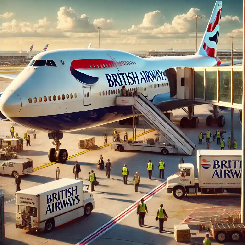 British Airways aircraft at London Heathrow Airport during a sunny day. The scene features the airline's