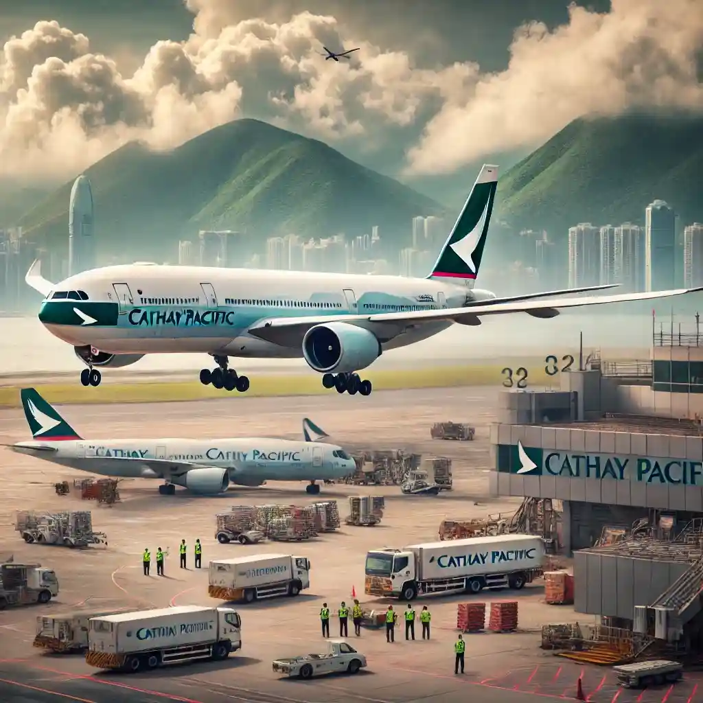 Cathay Pacific aircraft at Hong Kong International Airport during a cloudy day