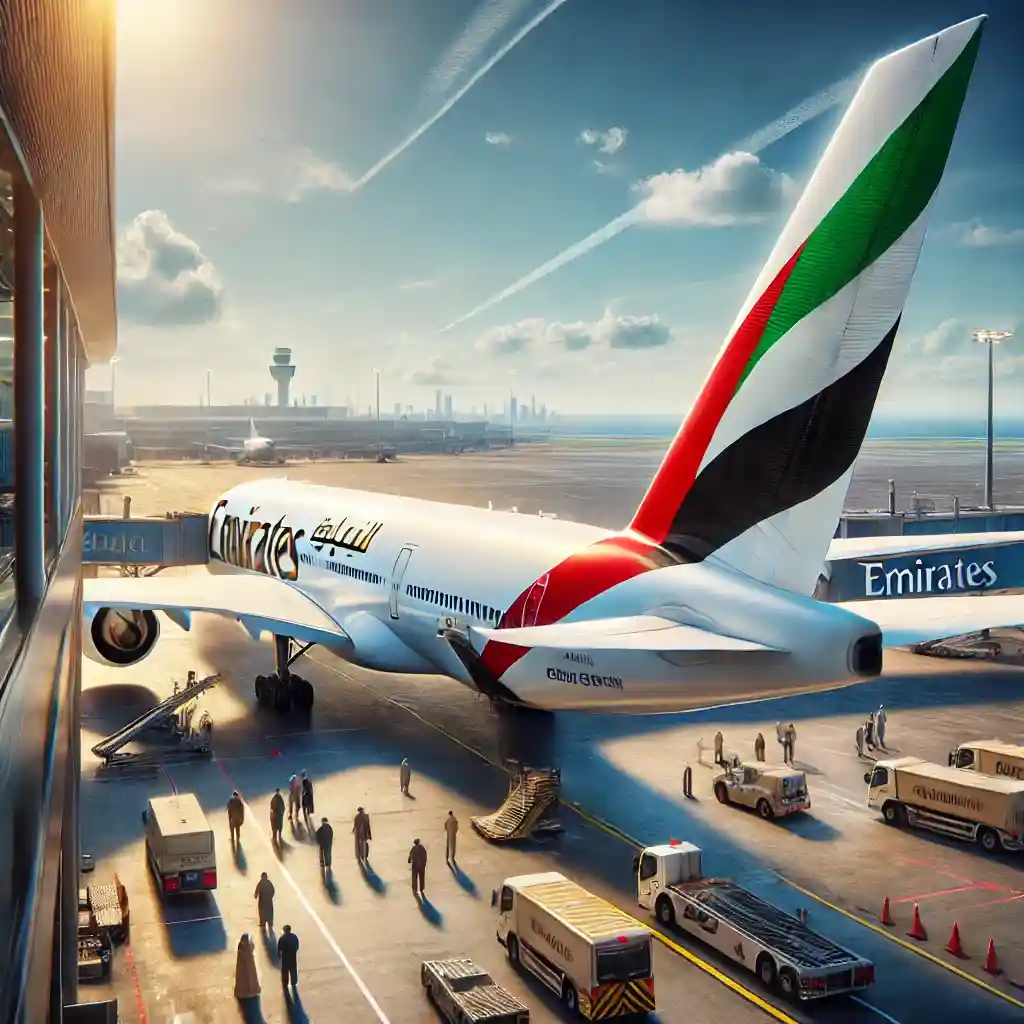 Emirates Airlines aircraft at an airport gate, featuring its iconic tail with the UAE flag colors