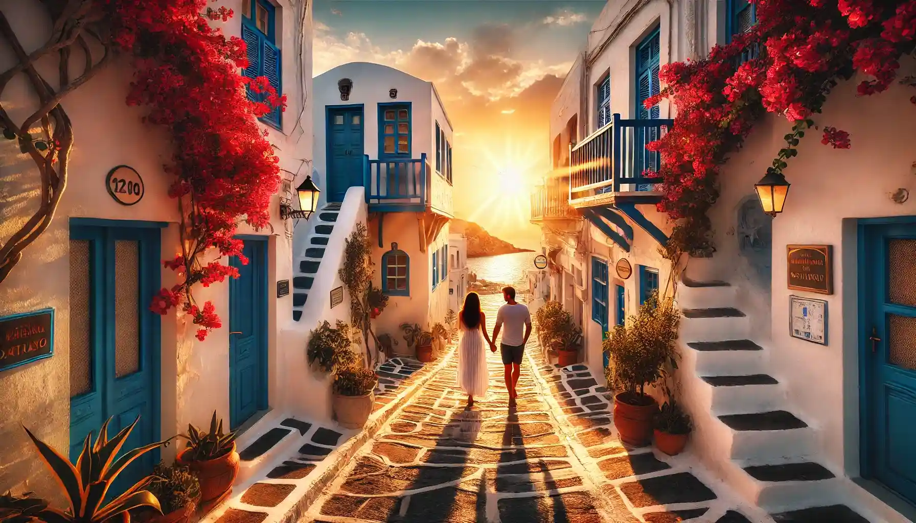 Greek island of Naxos at sunset. A couple is walking along a narrow, charming street lined with traditional white-washed hous