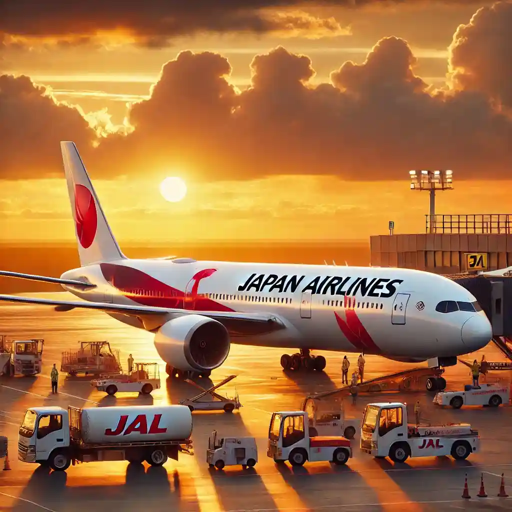 Japan Airlines (JAL) aircraft at Tokyo Narita Airport during sunrise. The scene features the aircraft's