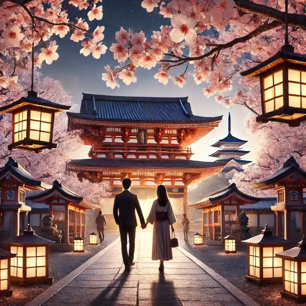 Kyoto, Japan, showcasing romance for couples. Features include a couple walking hand-in-hand under cherryKyoto, Japan, showcasing romance for couples. Features include a couple walking hand-in-hand under cherry