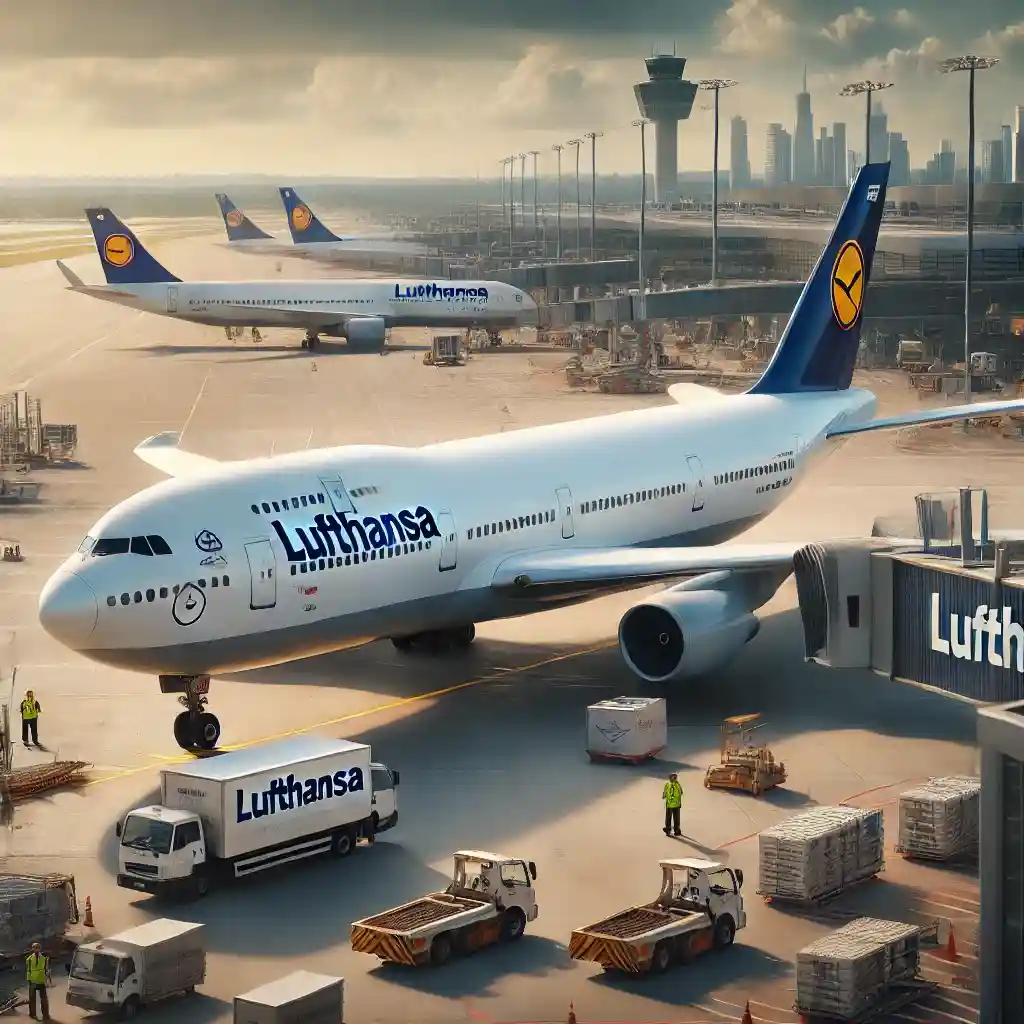 Lufthansa aircraft on the tarmac during daylight, featuring its classic blue and white livery with the ic