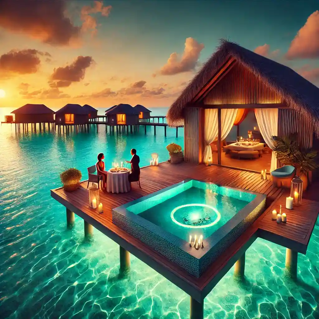 Maldives, featuring a romantic atmosphere for couples. The scene includes an overwater bungalow at suns