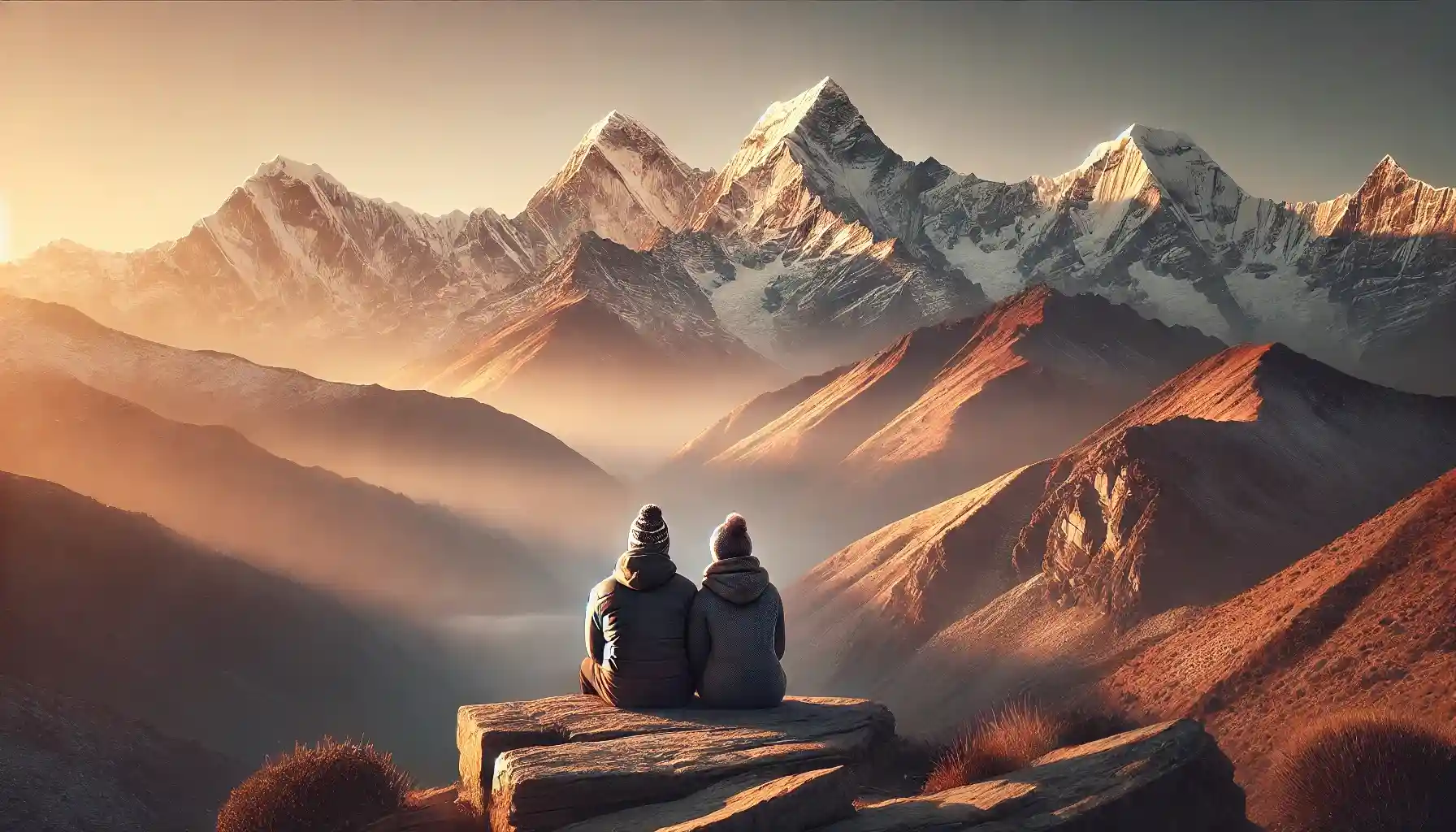 Nepal's Annapurna mountain range during sunrise. A couple is sitting on a rock, bundled up in warm clothes, admiring the view