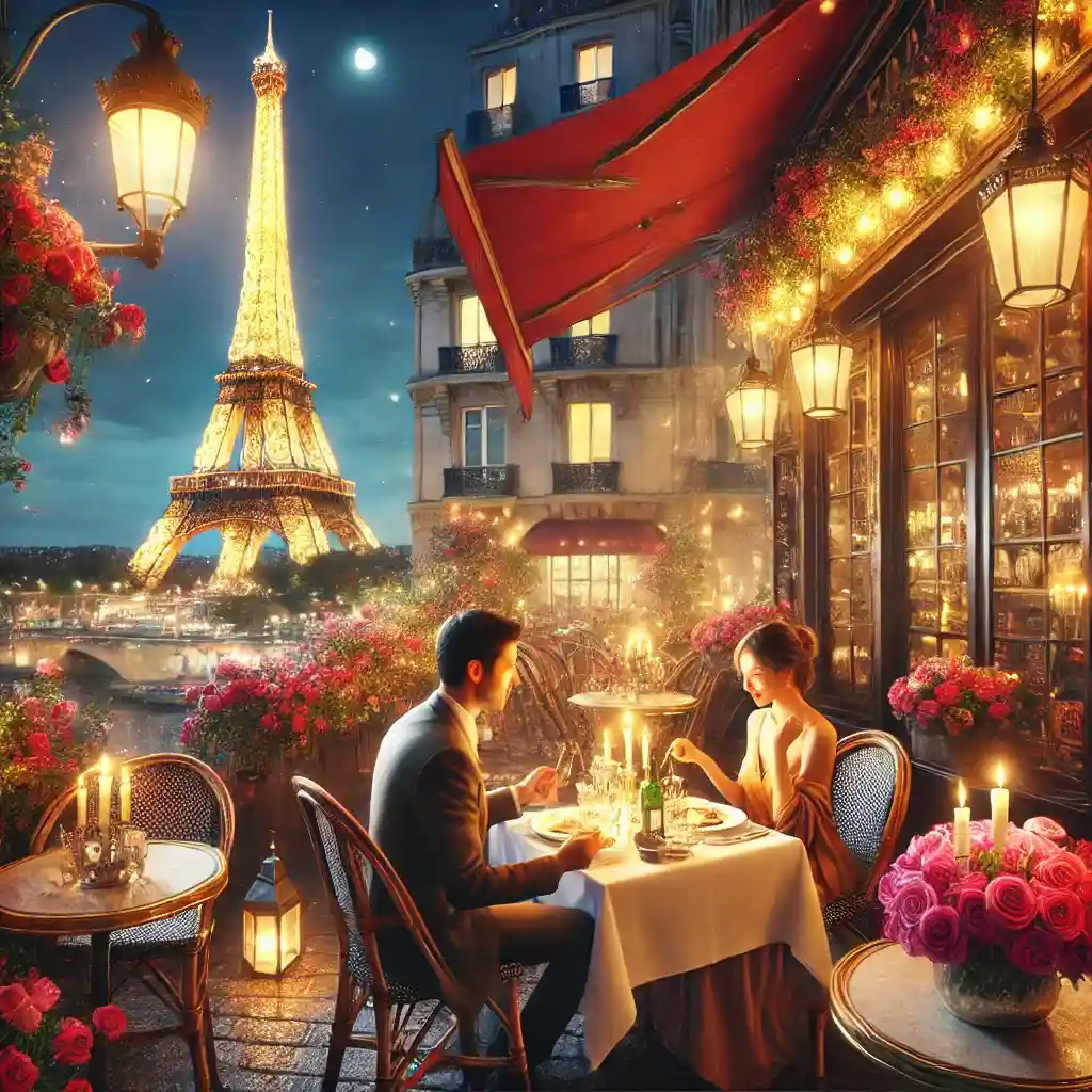 Paris, France, featuring a romantic setting for couples. The scene includes the Eiffel Tower illuminated
