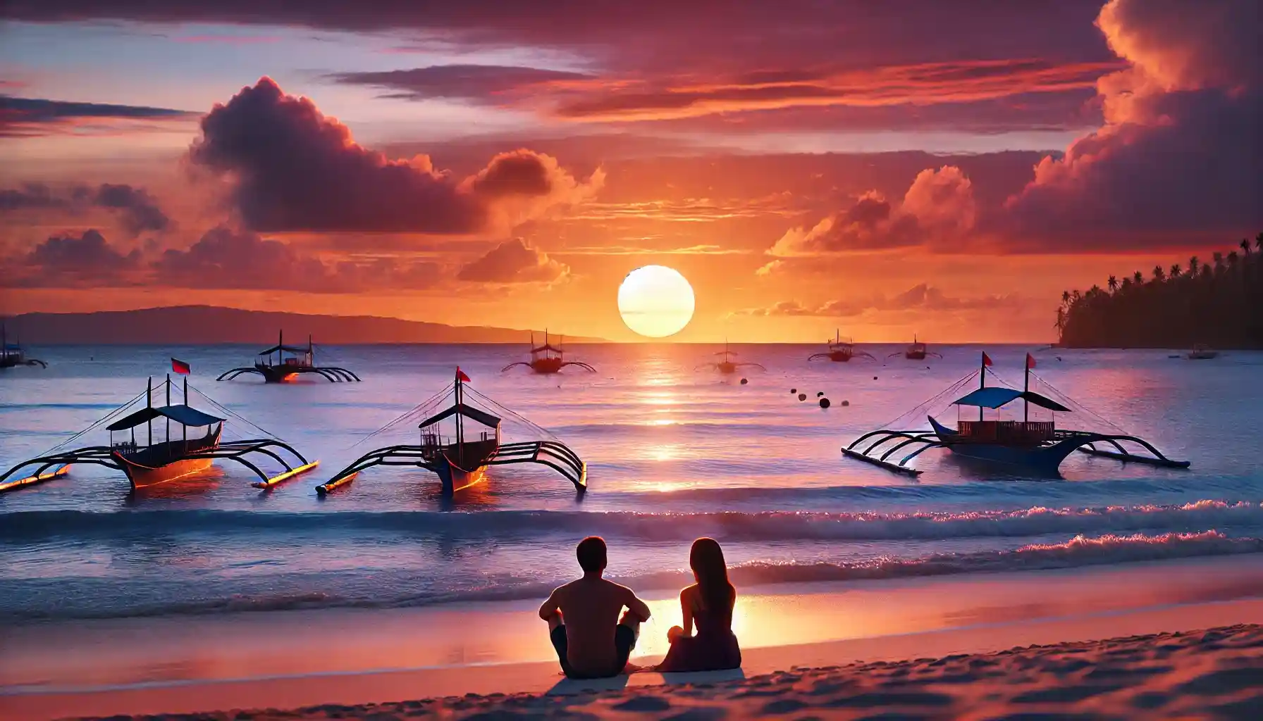 Philippines, showing a romantic sunset at Boracay beach. A couple is sitting on the sand, watching the sun dip below the hori