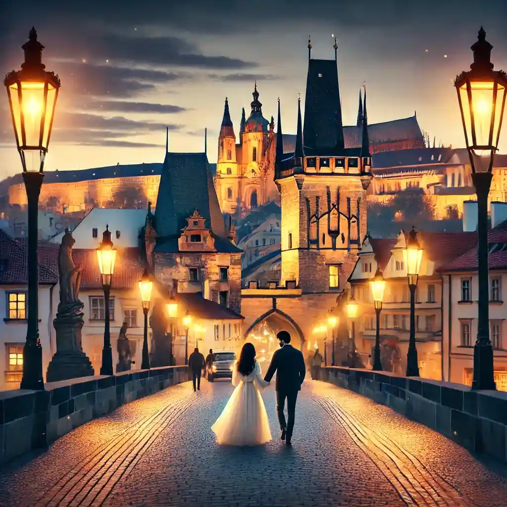 Prague, Czech Republic, designed for couples seeking romance. Features include a couple walking across Char