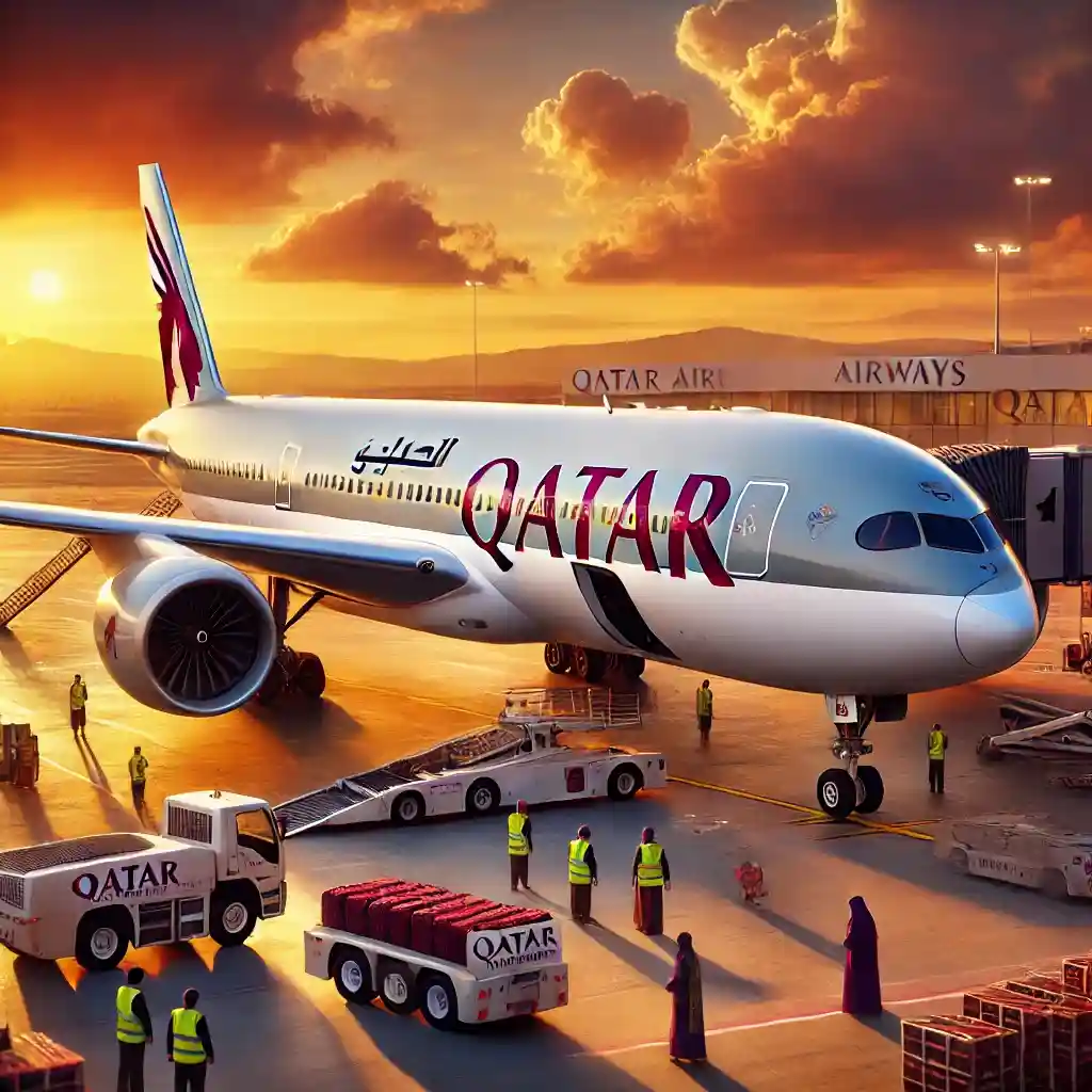 Qatar Airways aircraft on the tarmac during sunset, featuring the airline's distinctive livery