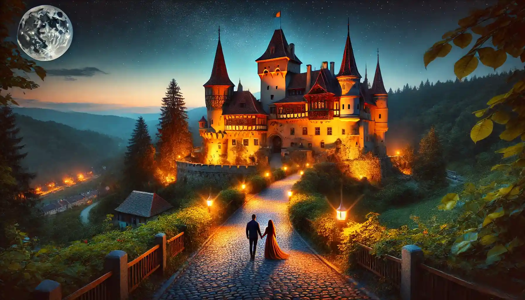 Romania's Bran Castle at twilight. The castle is illuminated with warm lights, and the sky is transitioning to deep blue