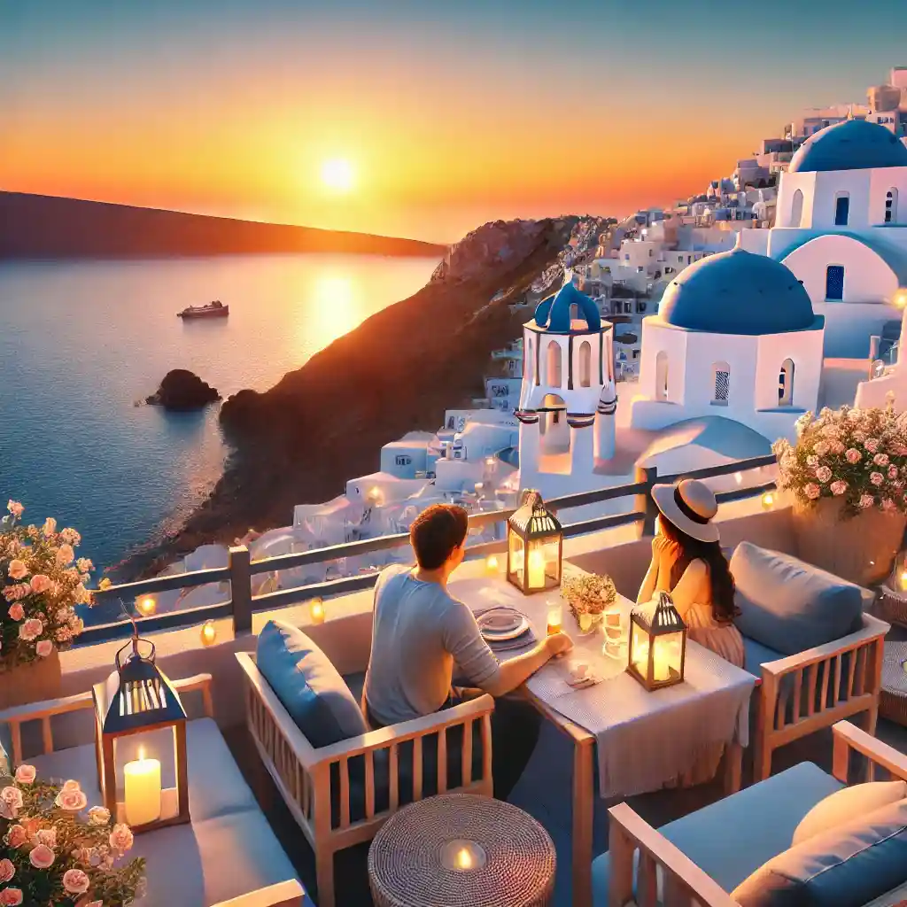 Santorini, Greece, designed for couples. Features include a romantic sunset view over the Aegean Sea, iconi