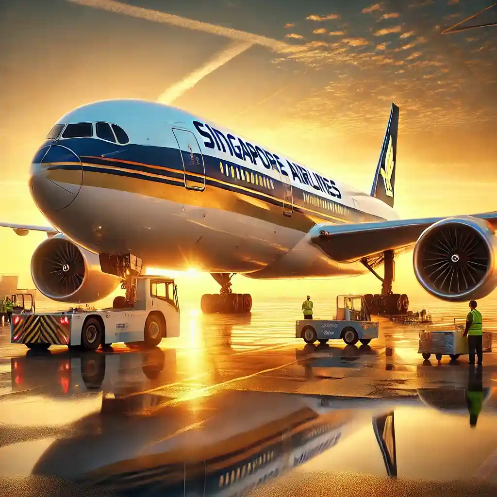 Singapore Airlines aircraft on the tarmac during sunrise, featuring the airline's iconic blue and gold