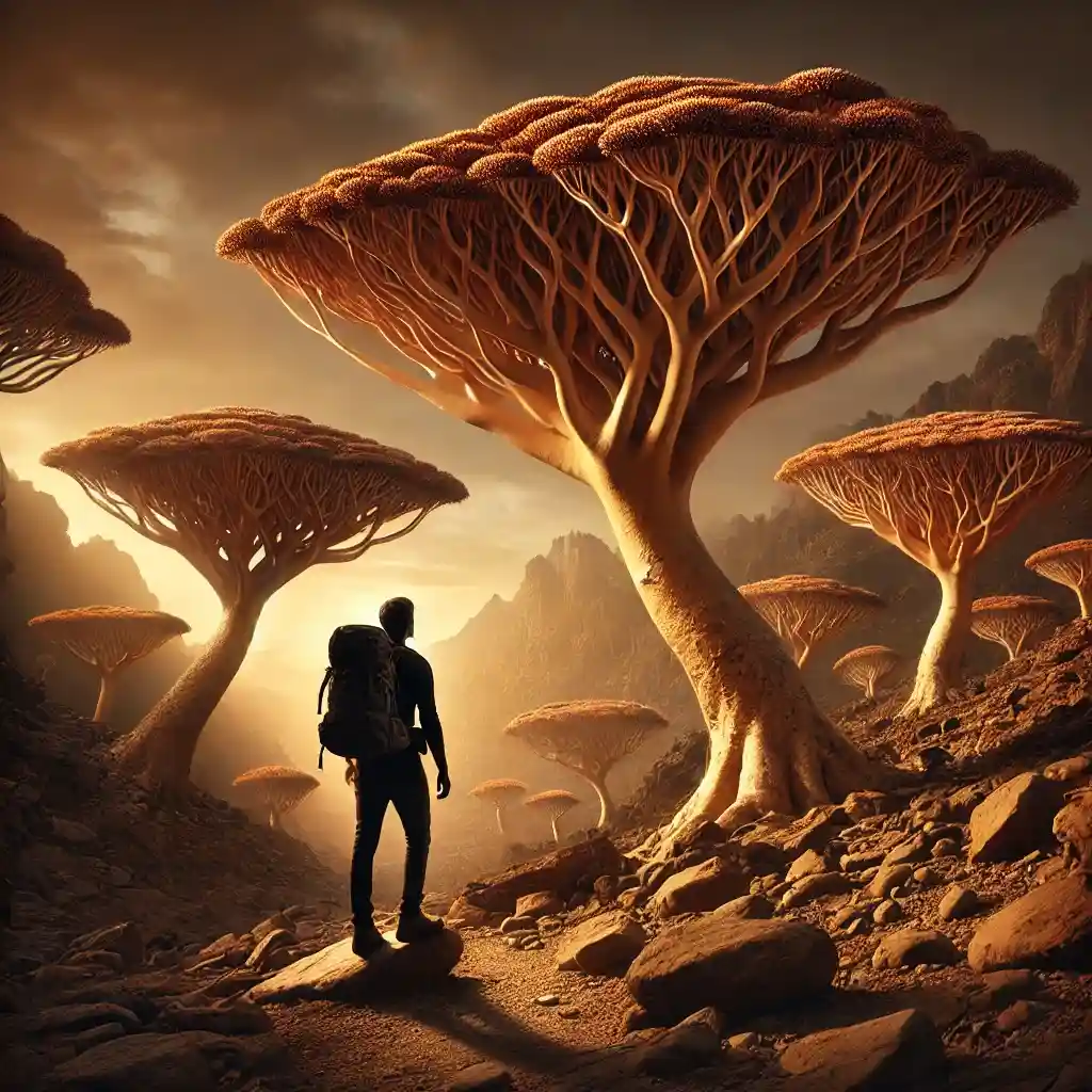Socotra, Yemen, featuring the unique dragon's blood trees on a rocky landscape. The scene should evoke a sense