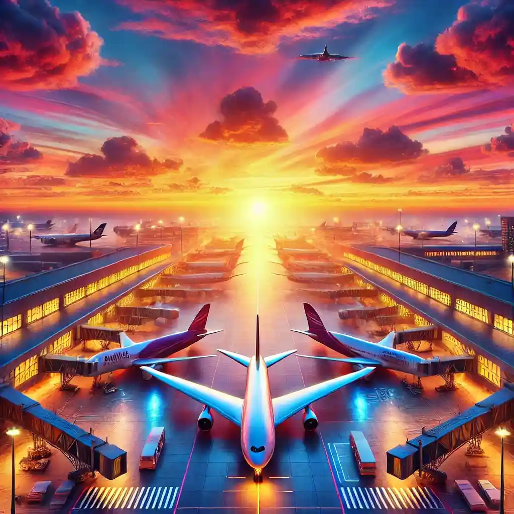 Top 10 Airlines in the World.' The image features a view of an airport at sunset