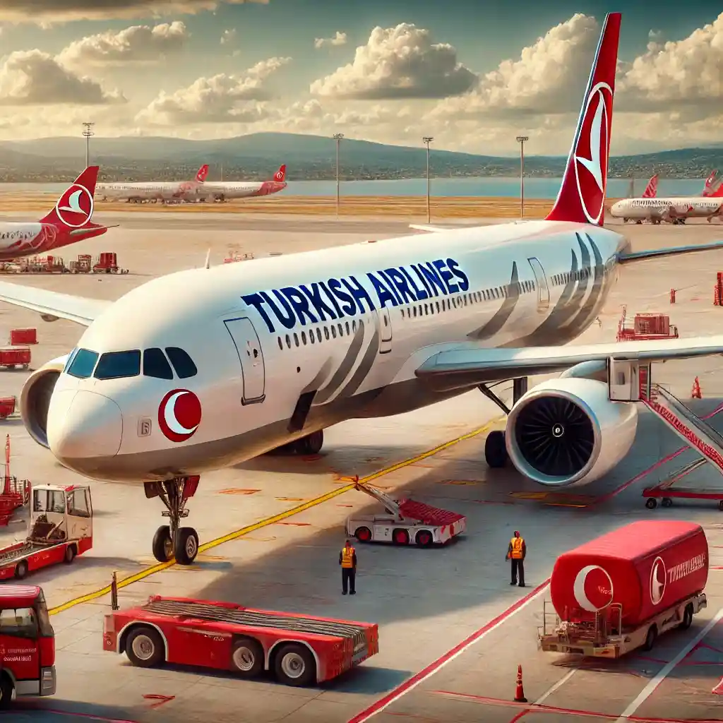 Turkish Airlines aircraft at an airport, showcasing its red and white livery with the crescent moon logo