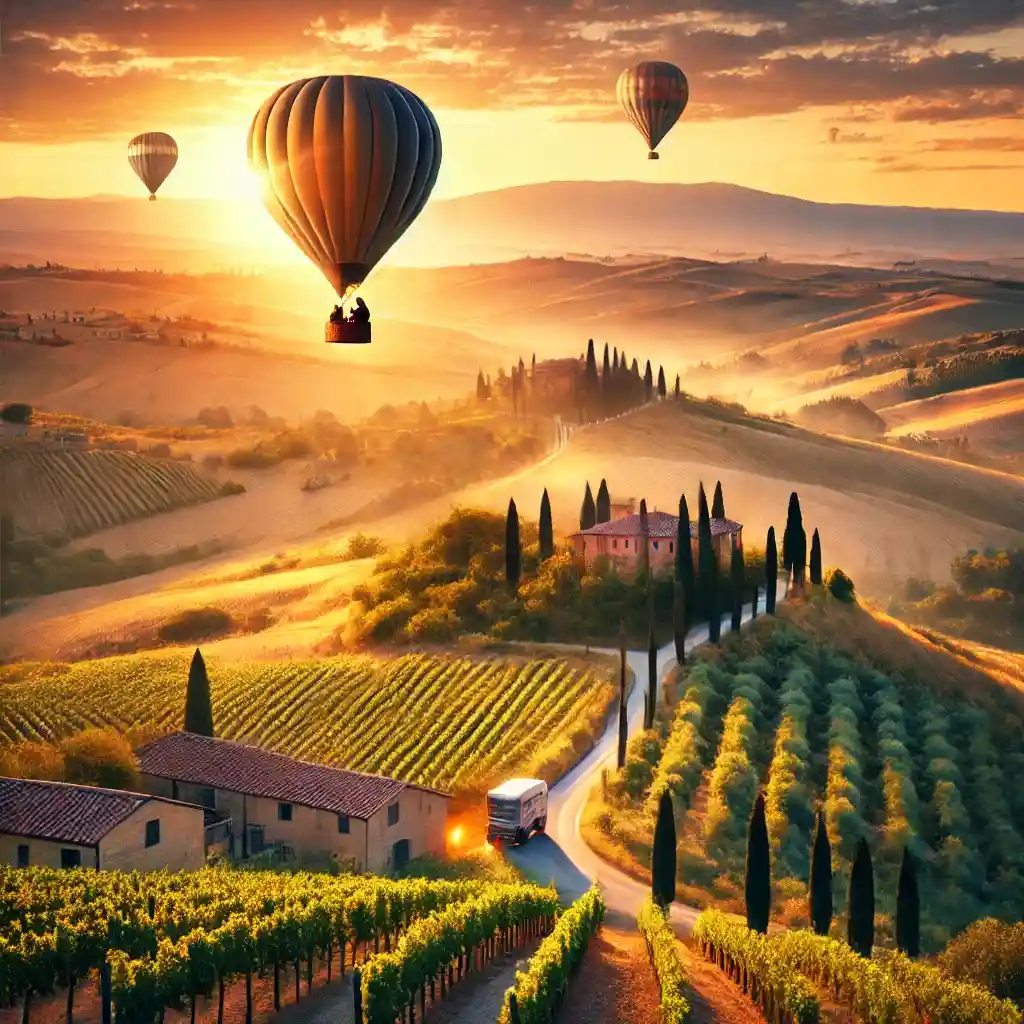 Tuscany, Italy, ideal for a romantic getaway. Features include a couple enjoying a hot air balloon ride ove