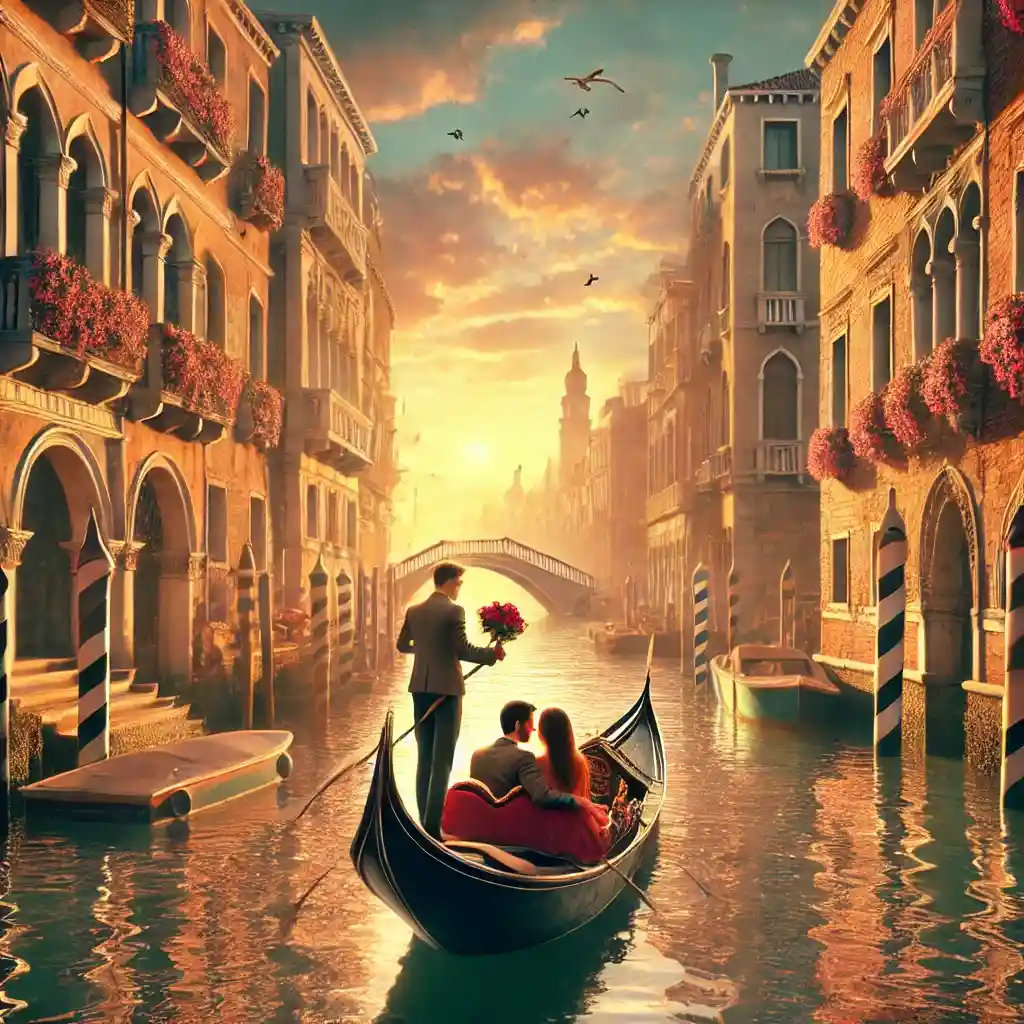 Venice, Italy, with a romantic focus for couples. Features include a couple enjoying a gondola ride through