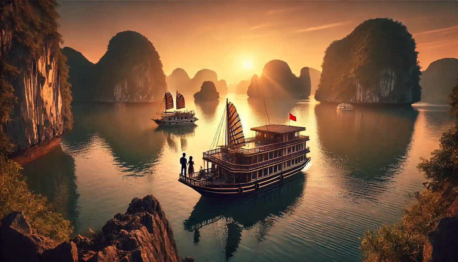 Vietnam's Ha Long Bay at sunrise. A couple is seen on a traditional junk boat, standing on deck and enjoying the view of the lime