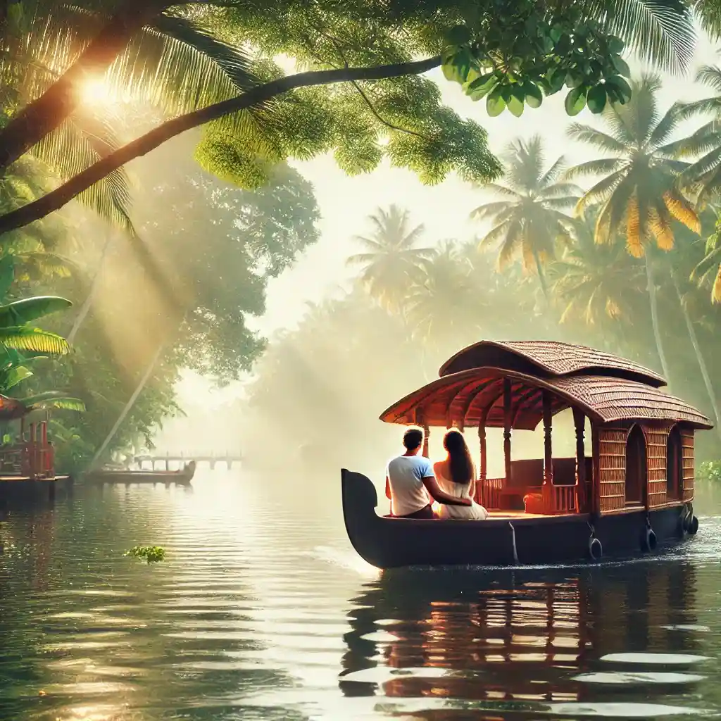 a couple enjoying a boat ride in the serene backwaters of Kerala, India. The couple should be seated in a trad