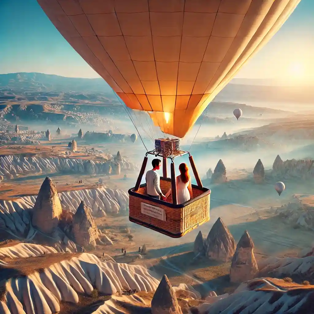 a couple enjoying a hot air balloon ride over the surreal landscapes of Cappadocia, Turkey. The couple should
