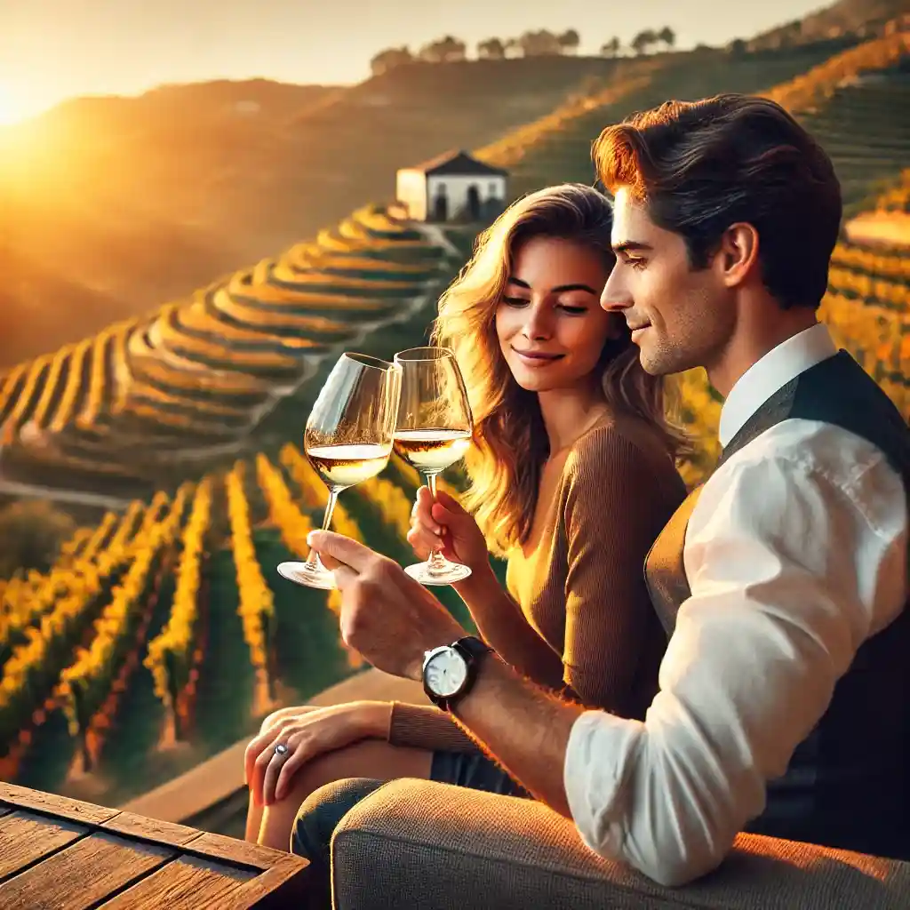 a couple enjoying a wine tasting experience in the Douro Valley, Portugal, with rolling vineyards in the backg