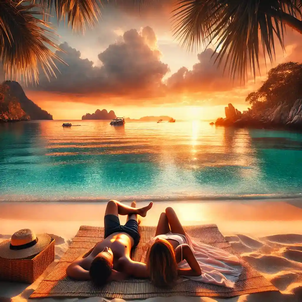 a couple relaxing on the sandy beach in Thailand, enjoying the crystal-clear waters and vibrant sunset