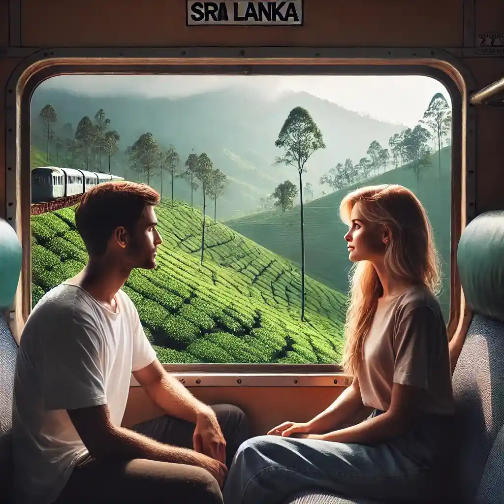 a couple riding a scenic train through lush landscapes in Sri Lanka. The couple should be seated comfortably
