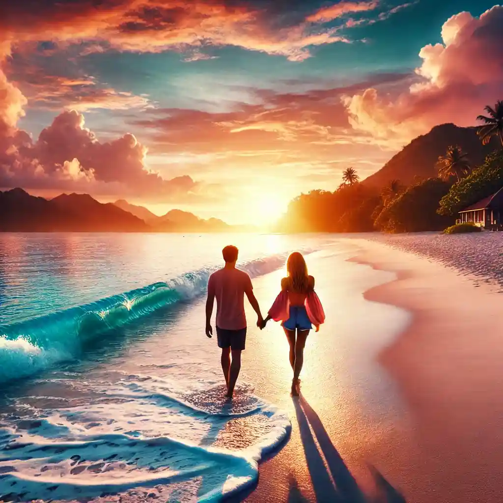 a couple walking hand-in-hand along a serene tropical beach at sunset, capturing the essence of romance