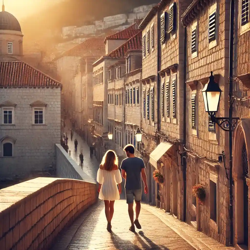 a couple walking hand-in-hand along the ancient city walls of Dubrovnik, Croatia