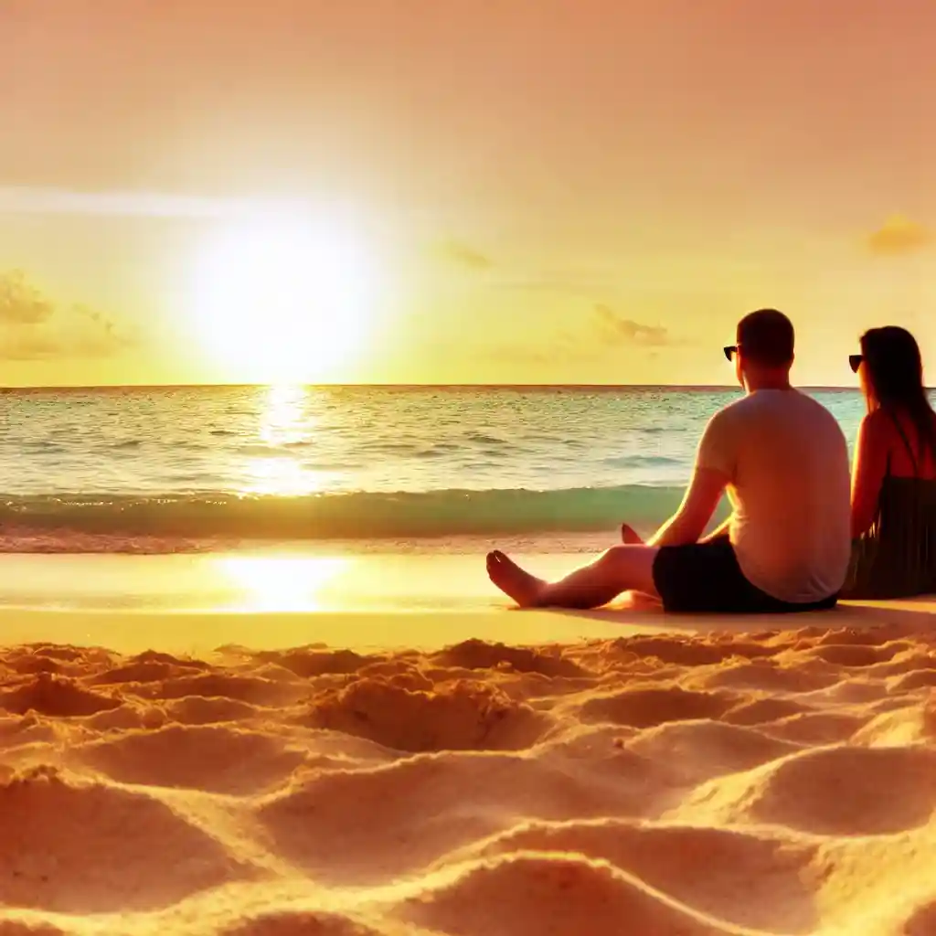 a couple watching the sunset over the serene beaches of Tulum, Mexico. The couple should be sitting on the sof