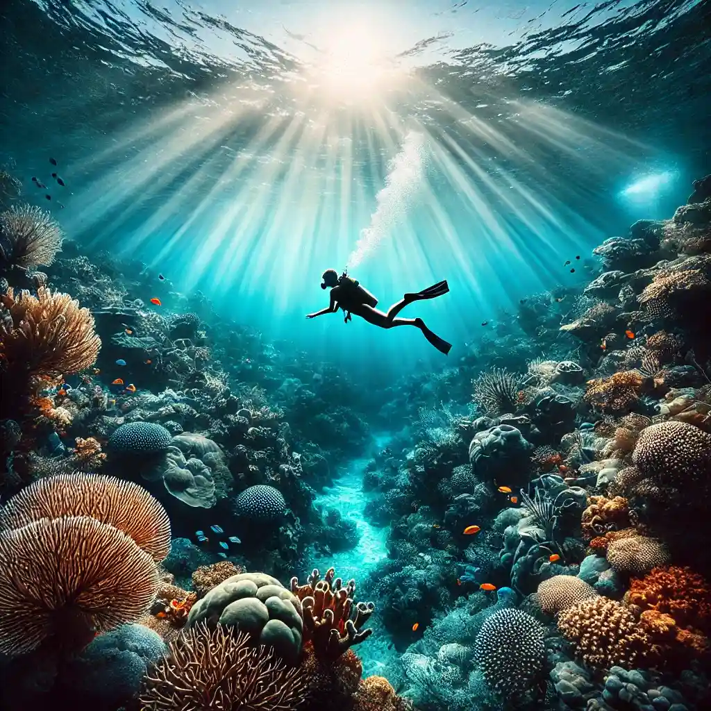 a solo traveler diving in the crystal-clear waters of the Raja Ampat Islands, Indonesia, surrounded by vibrant