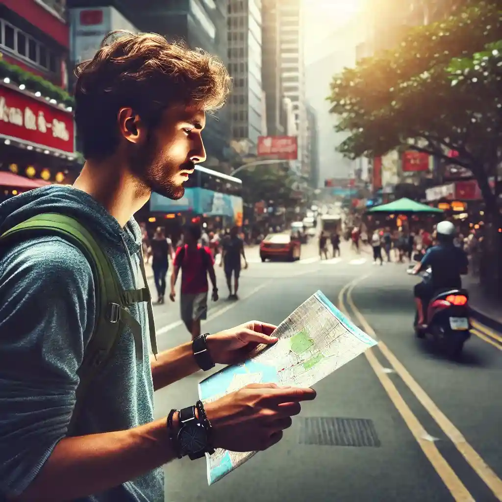a solo traveler exploring a bustling street in a foreign city, with a map in hand, carefully considering their