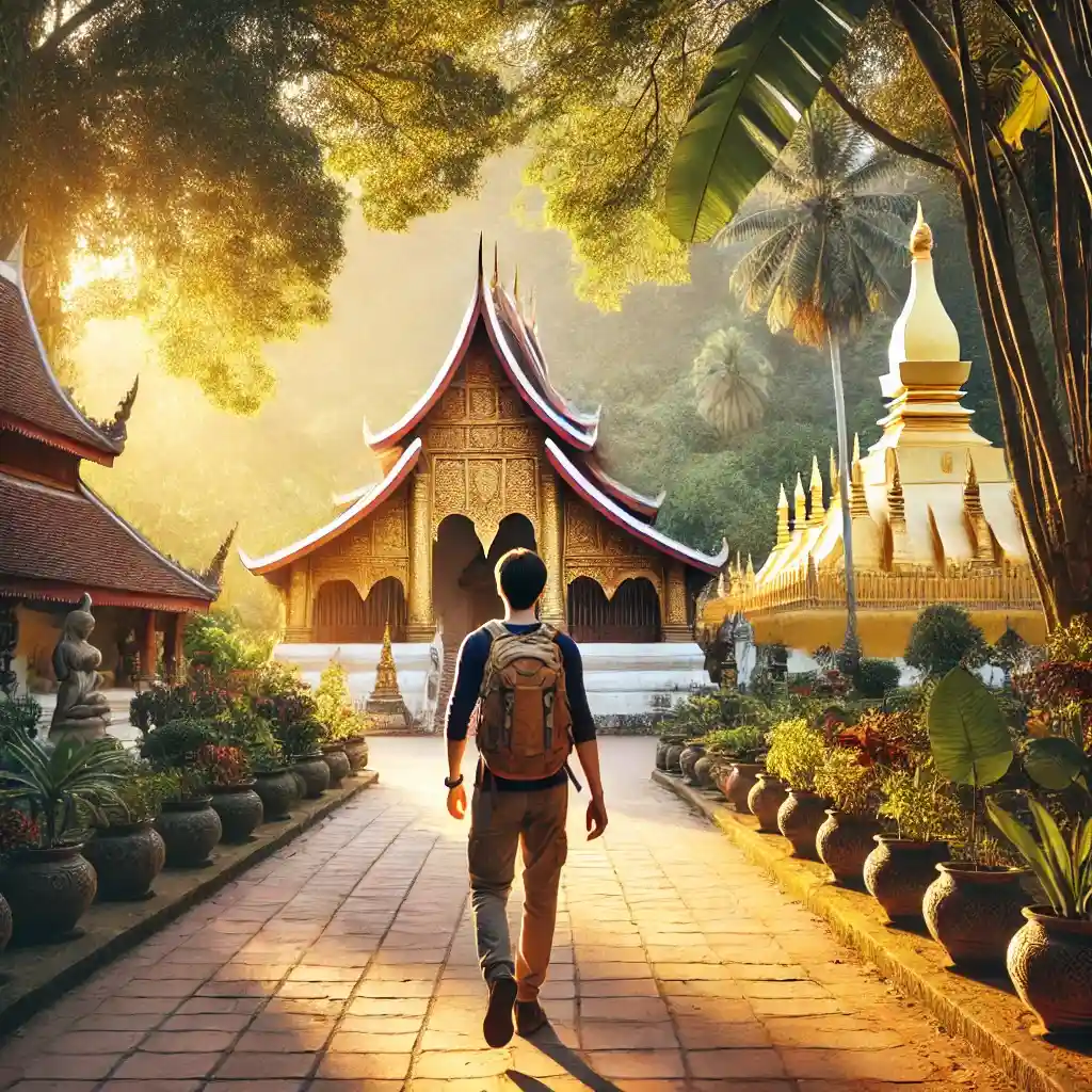 a solo traveler exploring the ancient Buddhist temples of Luang Prabang, Laos. The traveler should be walking