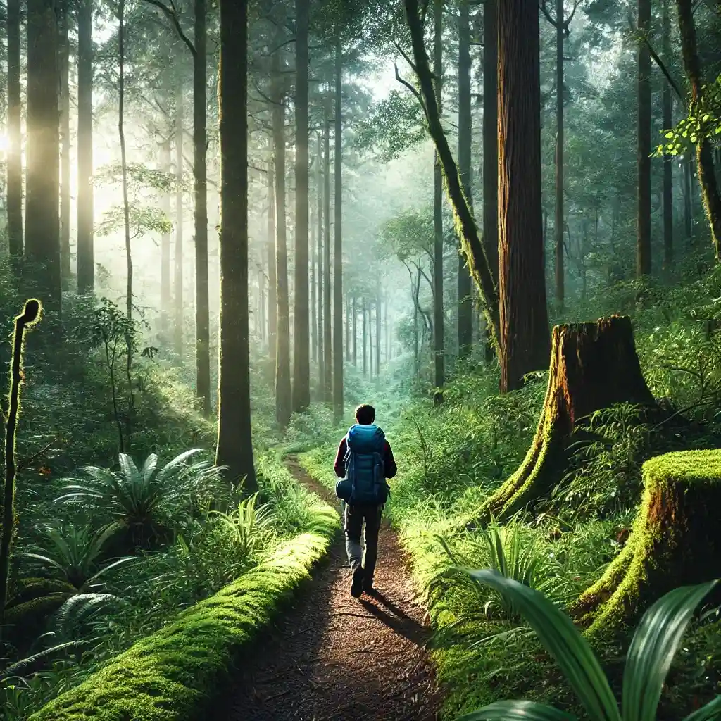 a solo traveler hiking through a lush green forest, surrounded by towering trees and peaceful nature