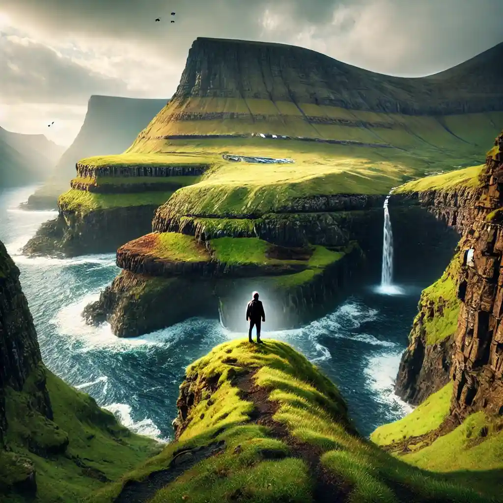 a solo traveler hiking through the dramatic cliffs and picturesque landscapes of the Faroe Islands, Denmark