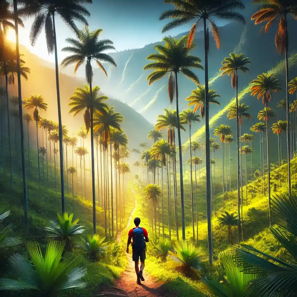 a solo traveler hiking through the stunning Cocora Valley in Salento, Colombia, surrounded by towering wax pal