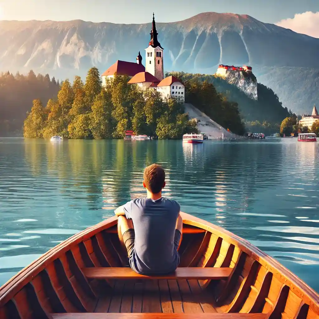 a solo traveler in Bled, Slovenia, on a boat ride to Bled Island. The traveler should be enjoying the serene