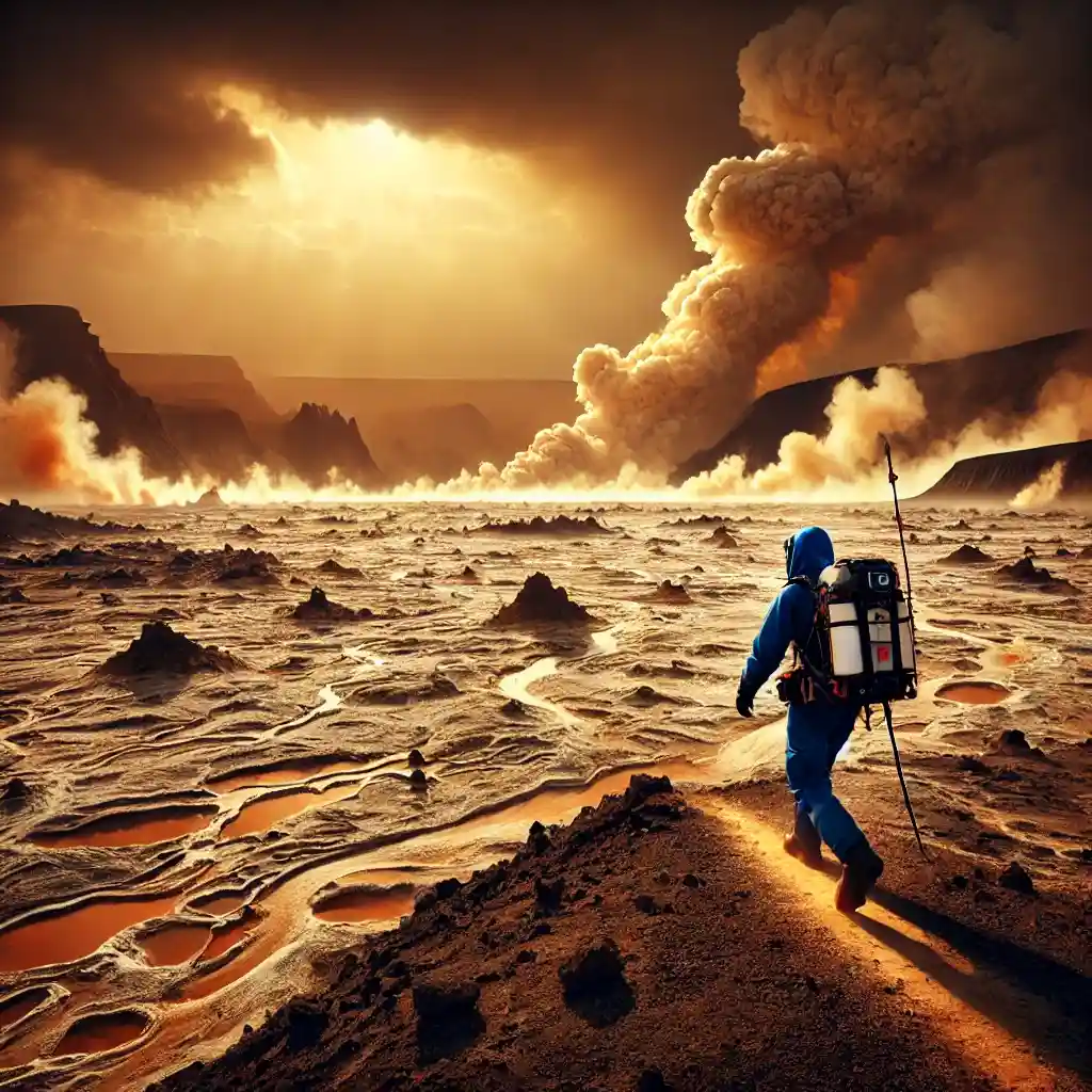 a solo traveler navigating the Danakil Desert, Ethiopia, amidst the extreme heat and volcanic activity