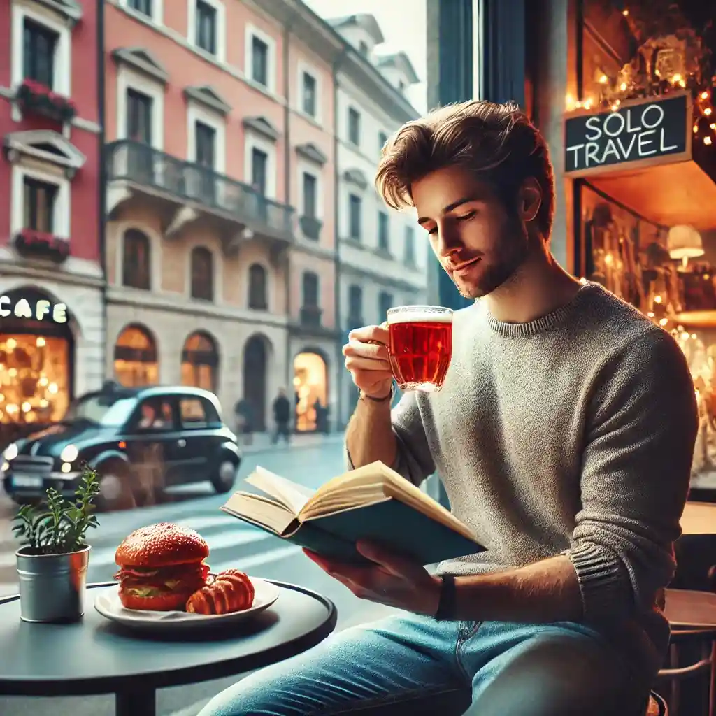 a solo traveler sitting at a cozy café in an European city, enjoying a warm drink while reading a book