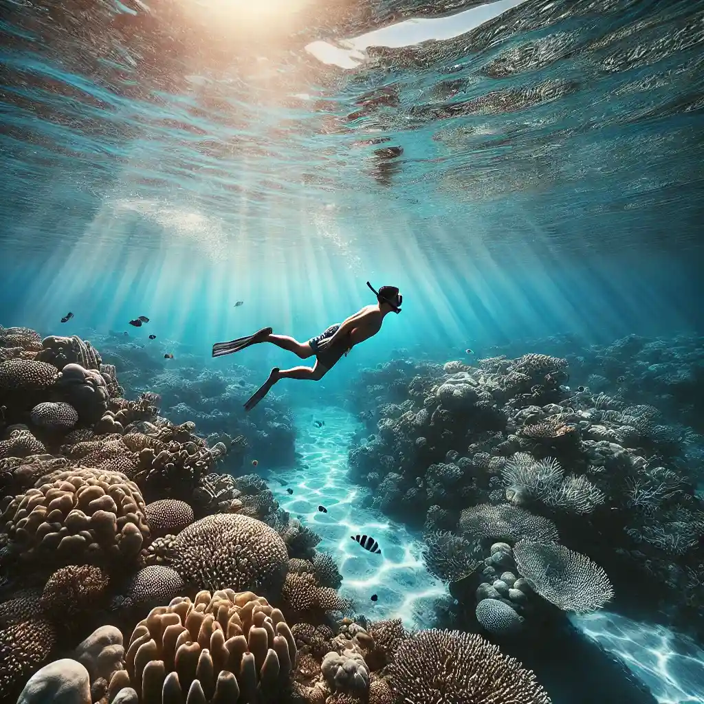 a solo traveler snorkeling in the crystal-clear waters of Tuvalu, Oceania, surrounded by vibrant coral reefs