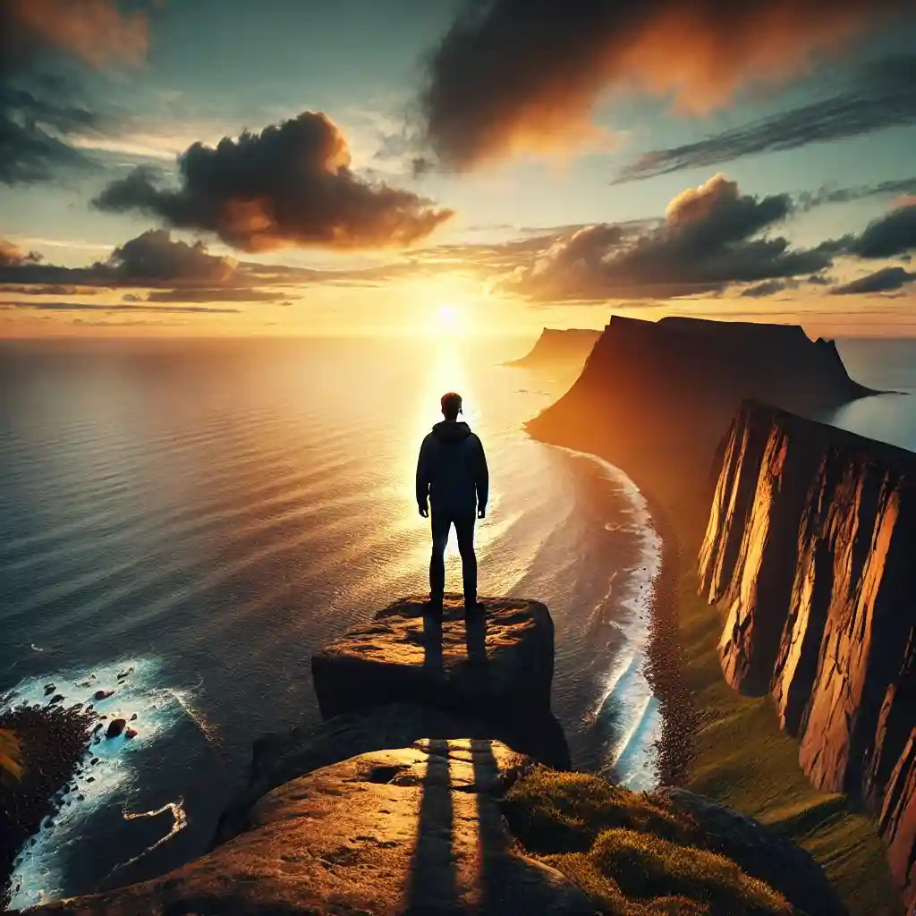 a solo traveler standing at the edge of a cliff overlooking a vast, expansive ocean at sunset